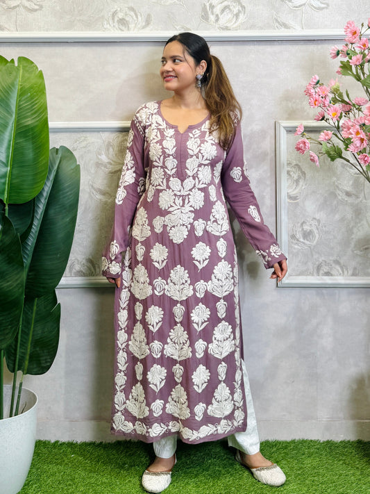 Mauve Lucknow Chikankari hand embroidered modal kurta – premium soft fabric