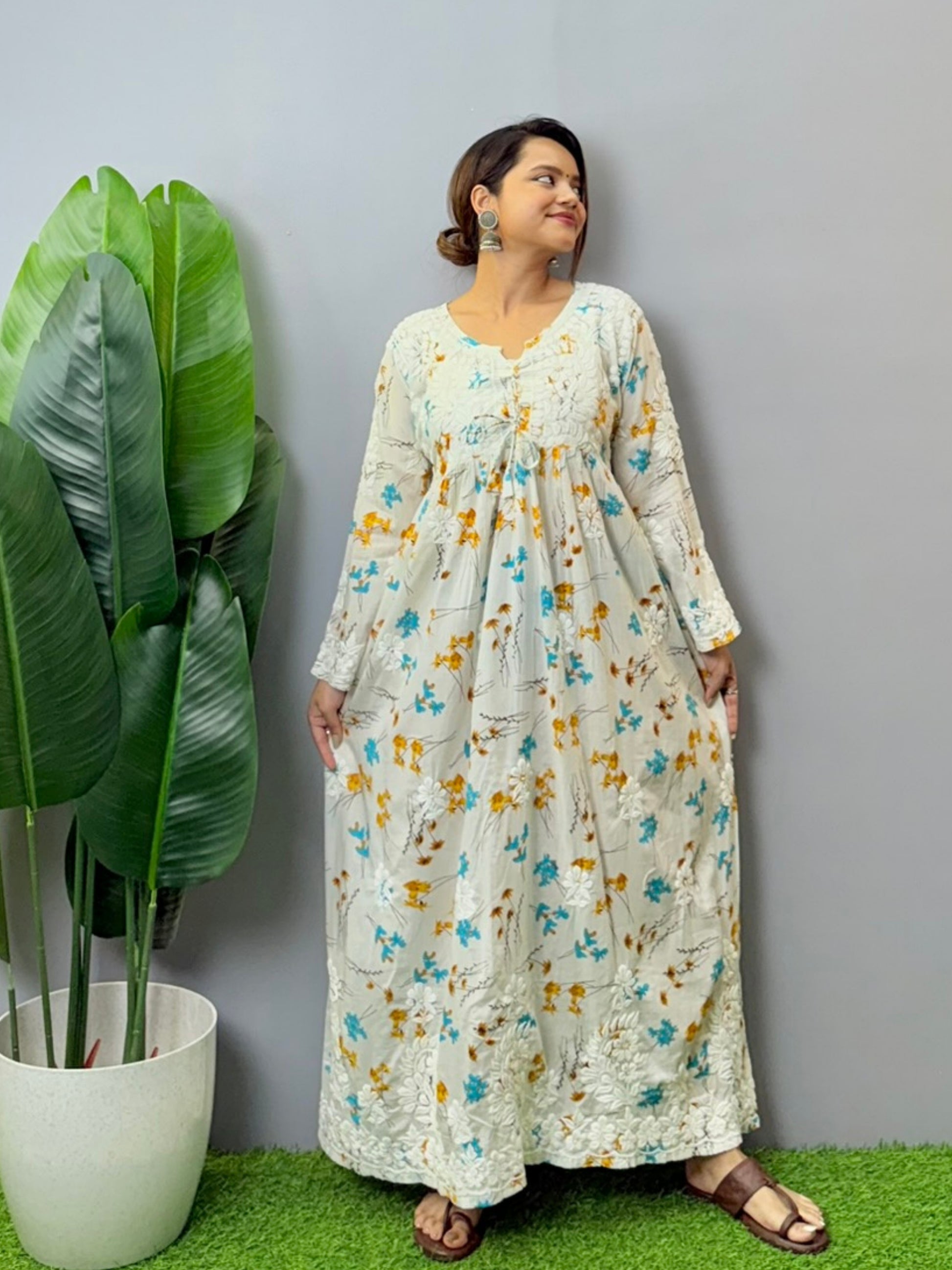 Off-white floral printed long mulmul kurta with Lucknowi Chikankari and 3D hand embroidery, soft and premium quality