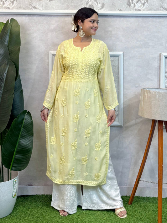 Lucknow Chikankari Yellow Muslin Kurta – Hand Embroidered Premium Wear