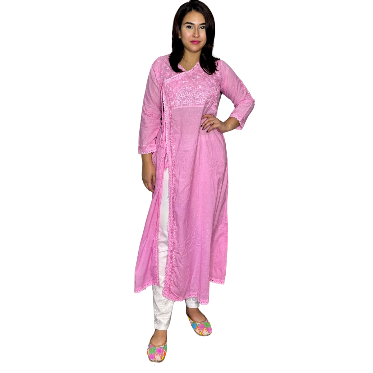 Chikankari Hand-Embroidered Pink Angrakha Kurta