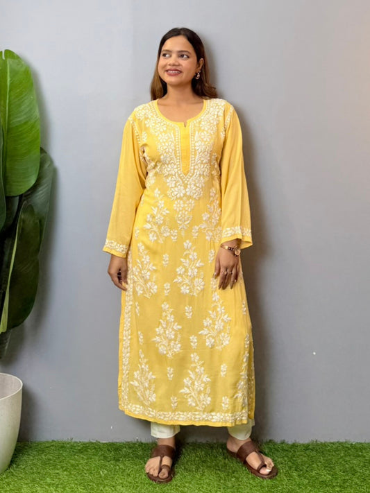 Sunshine yellow modal chikankari kurta with white floral hand embroidery on front and sleeves