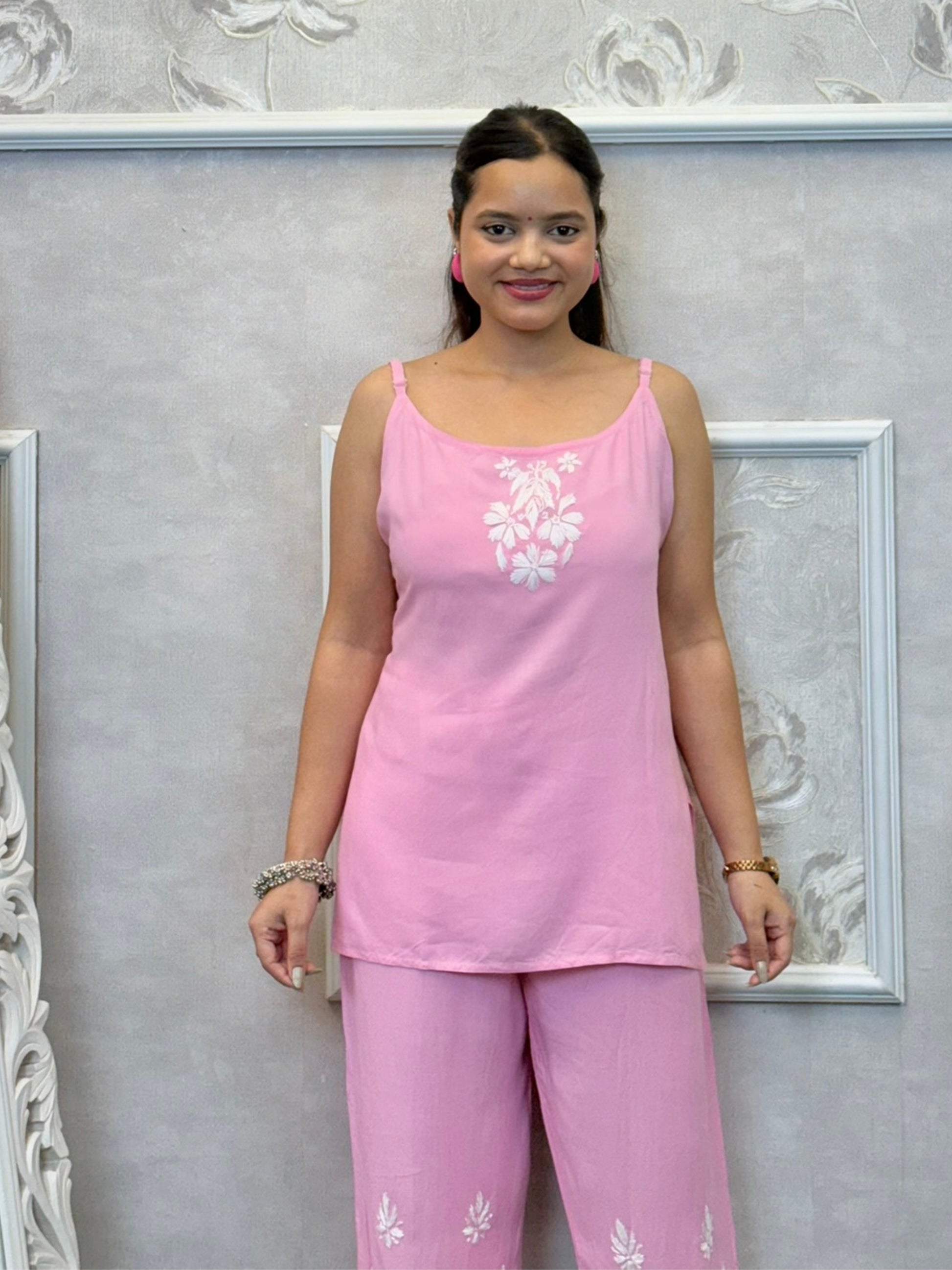 Baby pink Lucknowi Chikankari rayon 3-piece set with sleeveless kurta, pants, and embroidered shrug