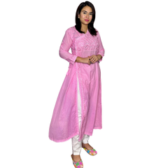 Chikankari Hand-Embroidered Pink Angrakha Kurta