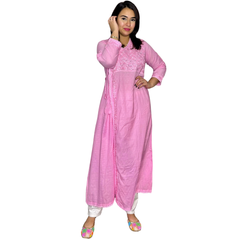 Chikankari Hand-Embroidered Pink Angrakha Kurta