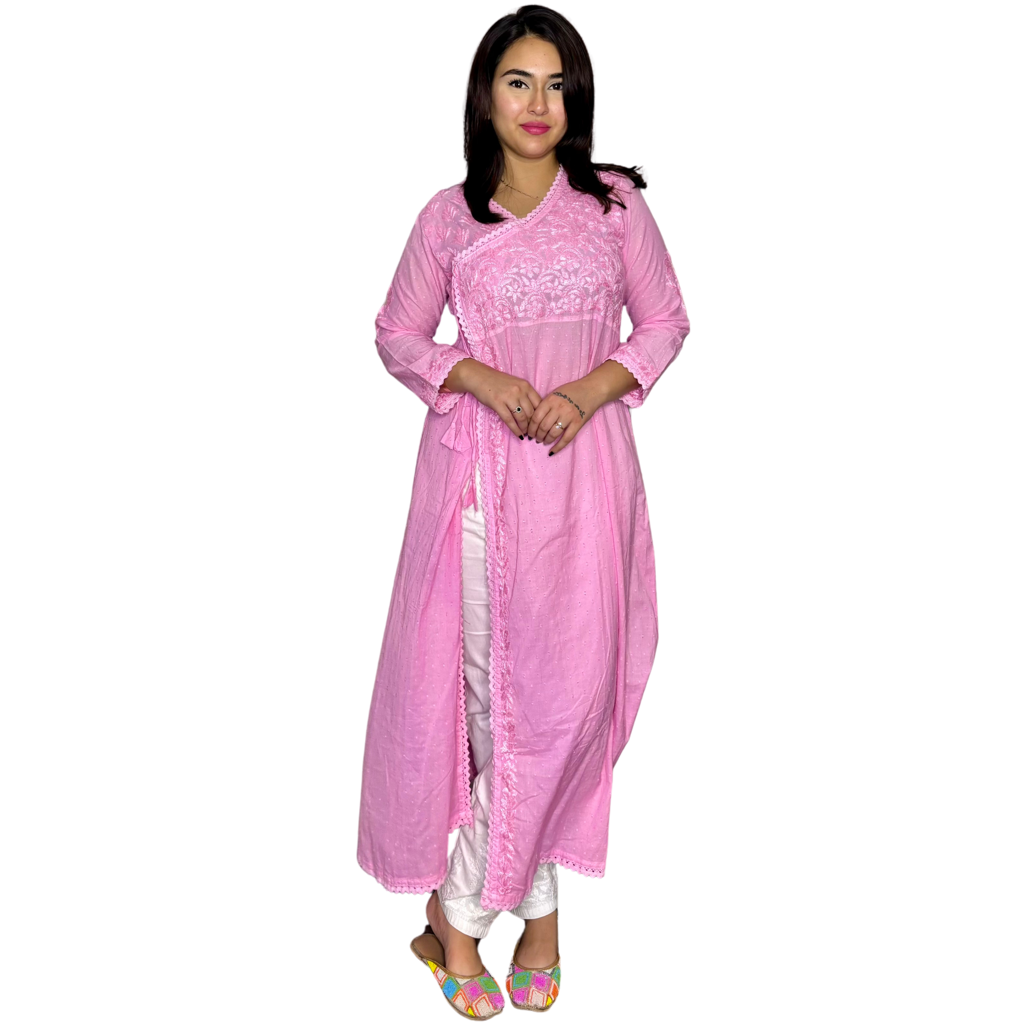 Chikankari Hand-Embroidered Pink Angrakha Kurta