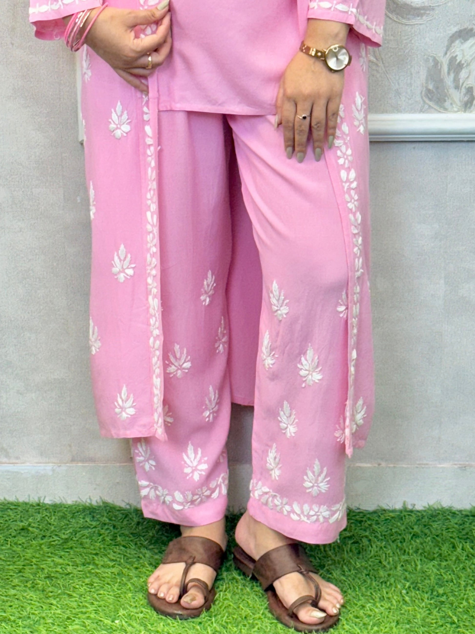 Baby pink Lucknowi Chikankari rayon 3-piece set with sleeveless kurta, pants, and embroidered shrug