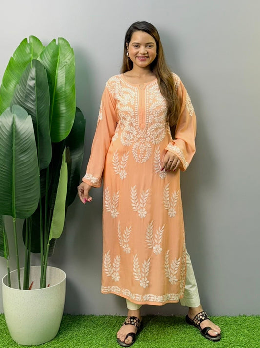 Peach modal Chikankari kurta with white hand embroidery – soft and comfortable ethnic wear for women
