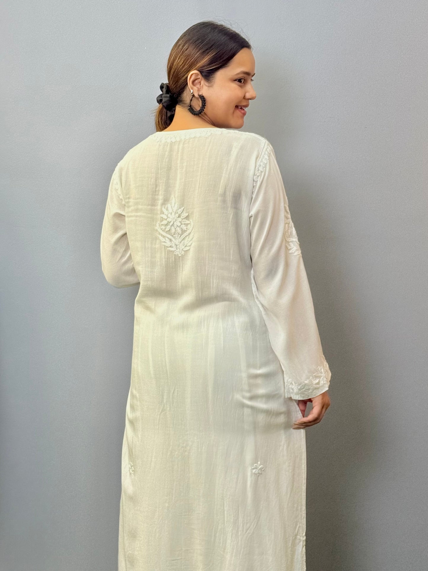 White Lucknow Chikankari modal kurta with hand embroidery, dyable fabric, soft and comfortable wear.