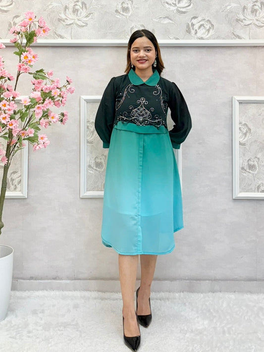 Teal ombre Indo-Western georgette knee-length dress with handwork and collar neck