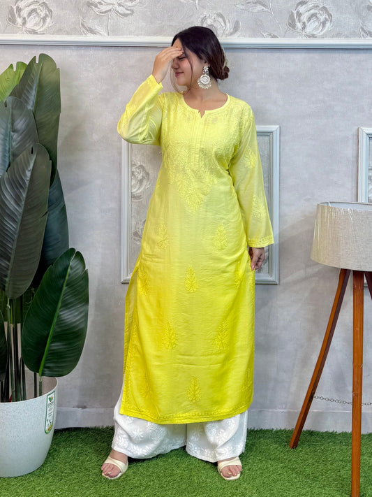 Yellow Lucknow Chikankari Chanderi Kurta with hand embroidery – premium festive wear.