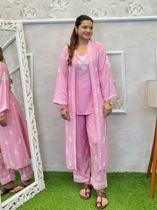 Baby pink Lucknowi Chikankari rayon 3-piece set with sleeveless kurta, pants, and embroidered shrug