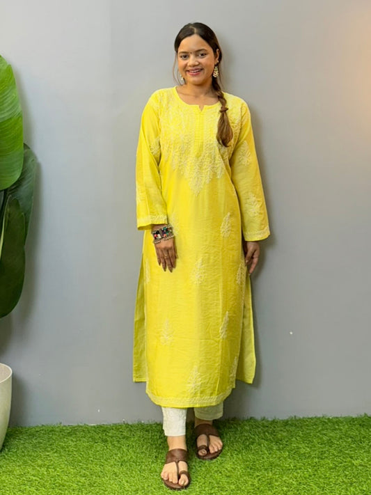 Woman wearing lime yellow chanderi chikankari kurta with bakhiya embroidery