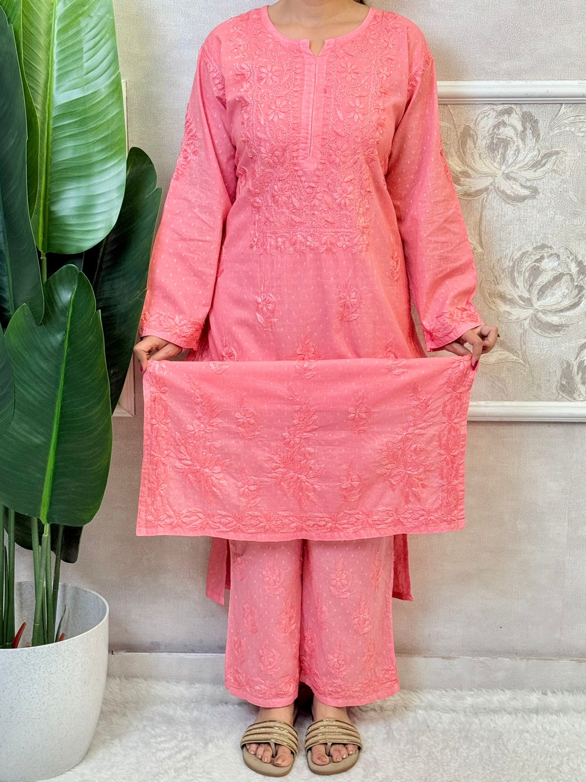 Peach pink dobby cotton Chikankari kurta and palazzo set with hand embroidery – soft and breathable ethnic outfit