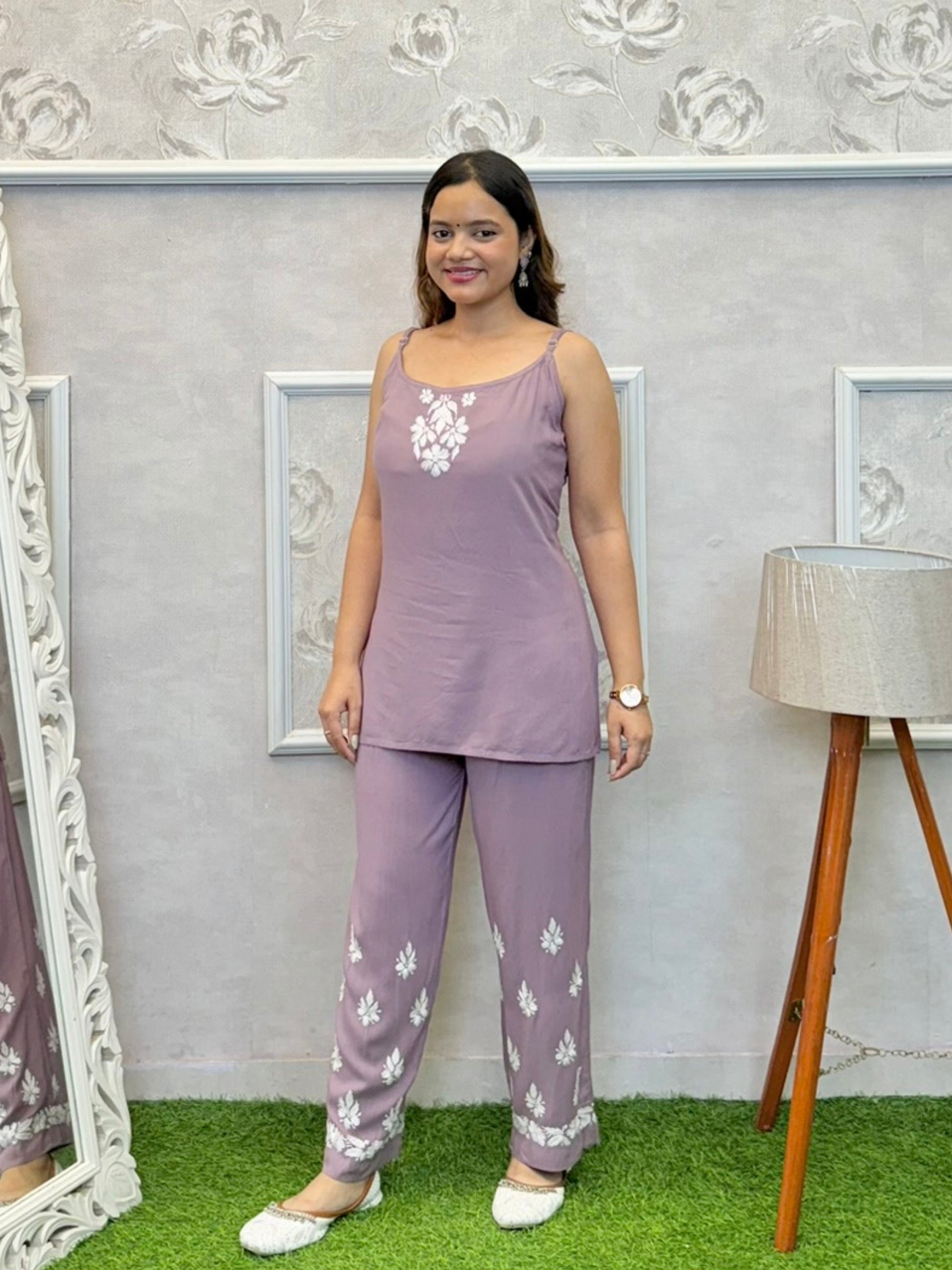Dusty mauve Lucknowi Chikankari rayon 3-piece co-ord set with sleeveless kurta, pants, and embroidered shrug