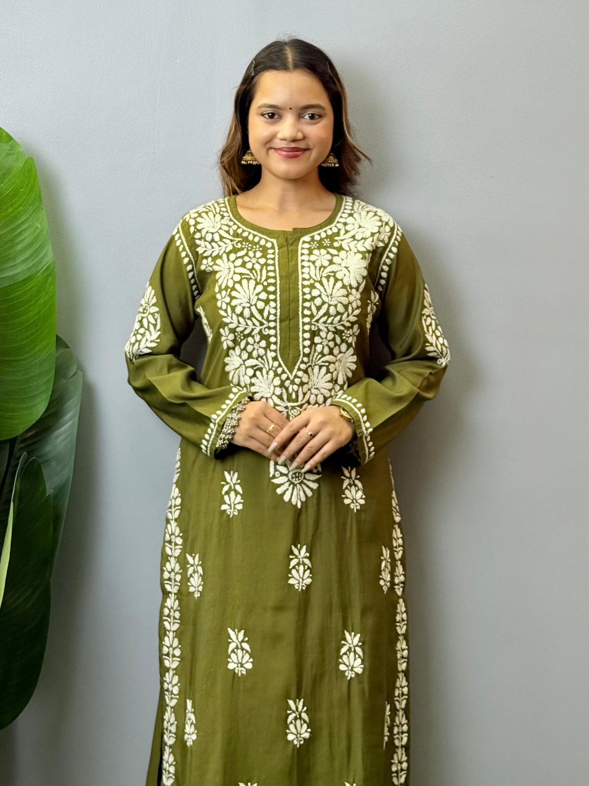 Olive green Roman silk Lucknow Chikankari kurta and pant set with premium hand embroidery