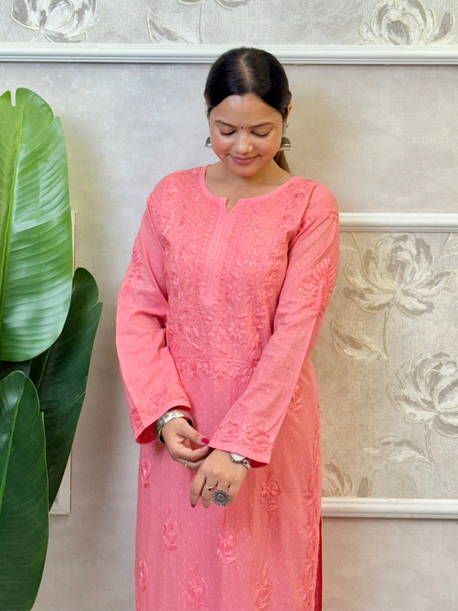 Peach pink dobby cotton Chikankari kurta and palazzo set with hand embroidery – soft and breathable ethnic outfit