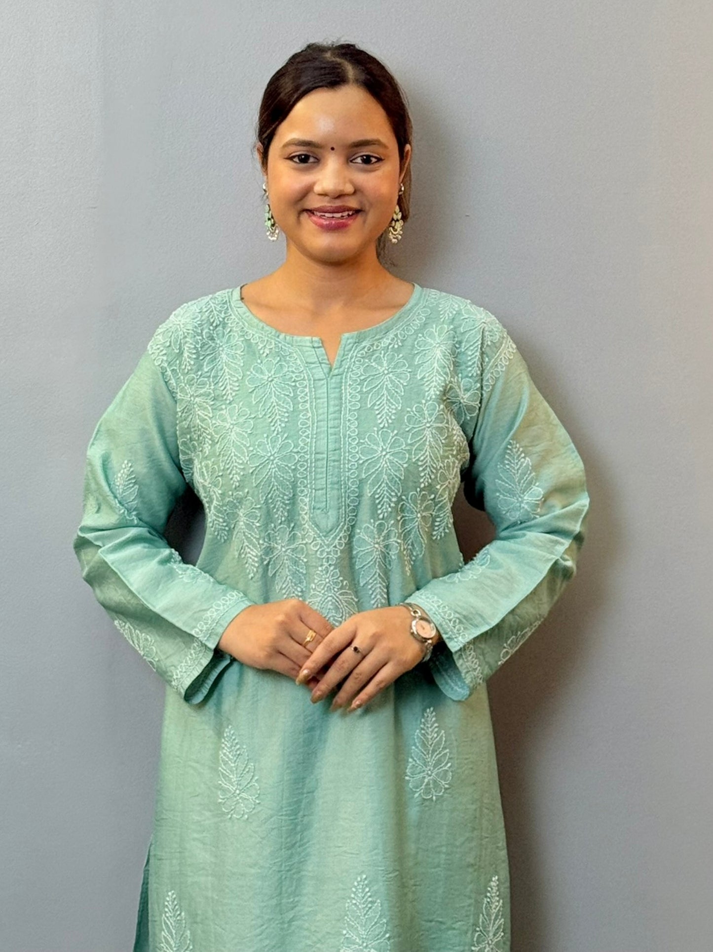 Sea green chanderi chikankari kurta with bakhiya embroidery work
