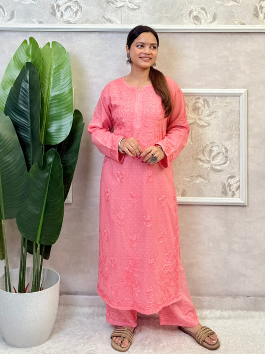 Peach pink dobby cotton Chikankari kurta and palazzo set with hand embroidery – soft and breathable ethnic outfit