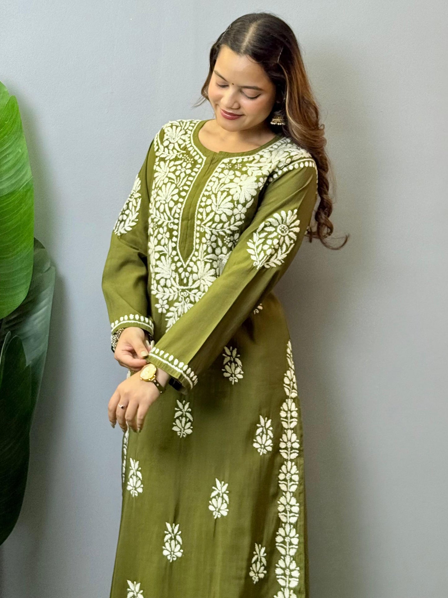 Olive green Roman silk Lucknow Chikankari kurta and pant set with premium hand embroidery