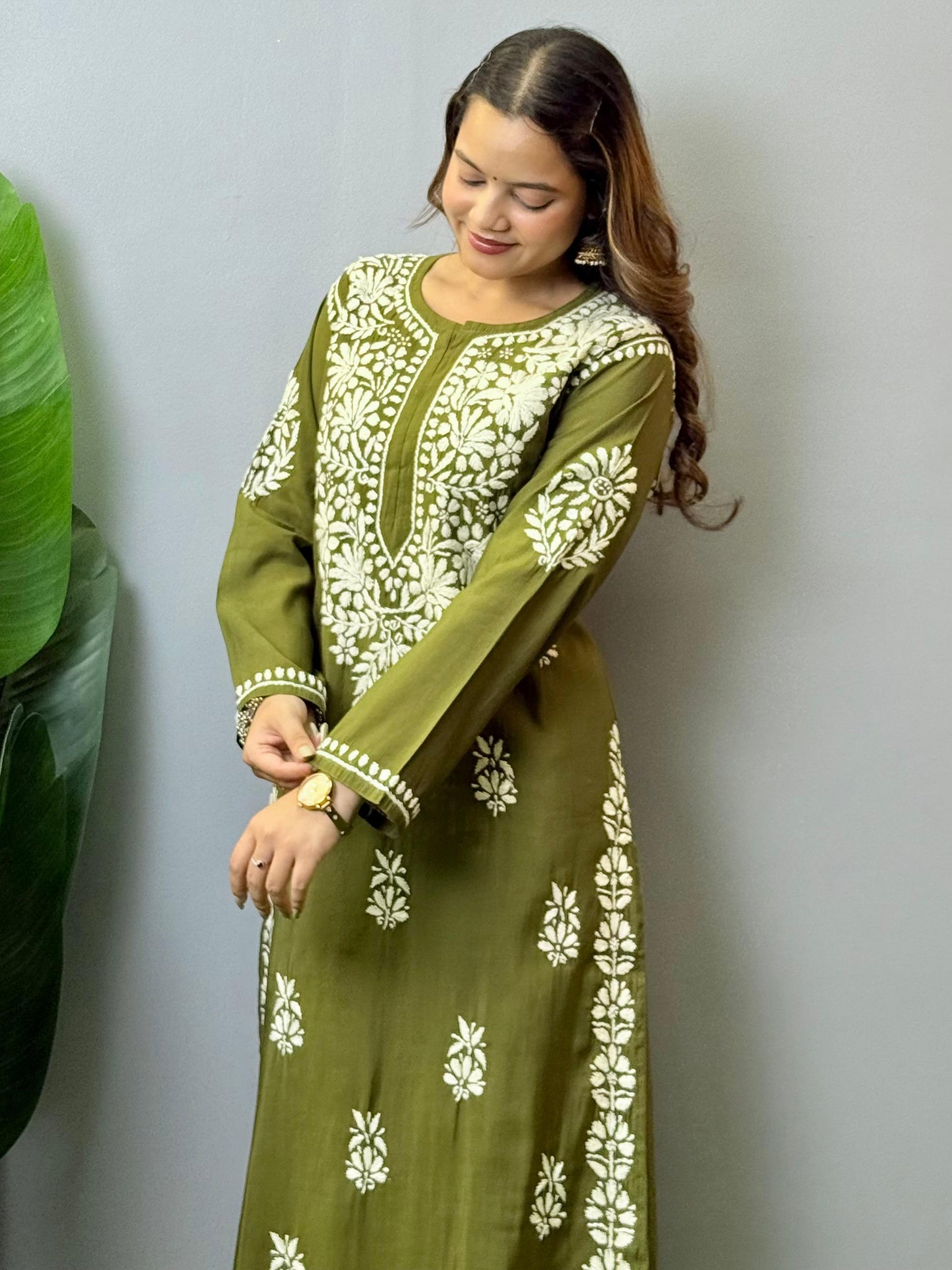 Olive green Roman silk Lucknow Chikankari kurta and pant set with premium hand embroidery