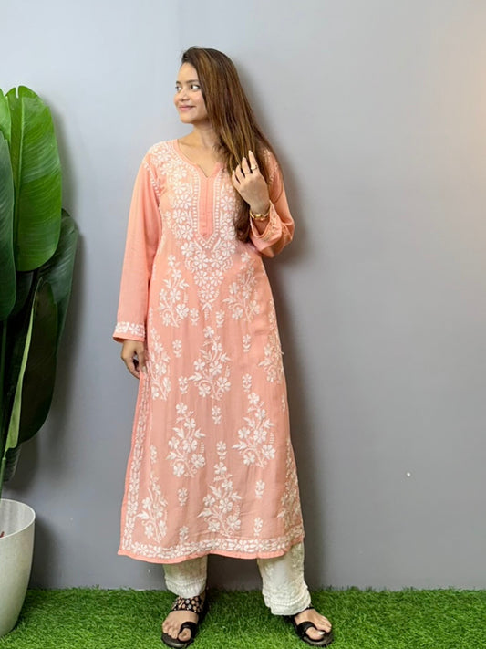 Peach modal Chikankari kurta with intricate white hand embroidery