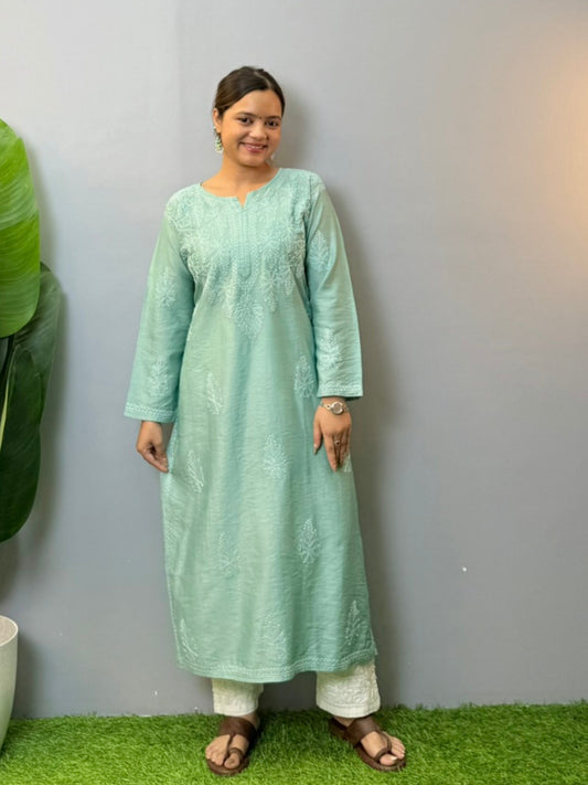 Sea green chanderi chikankari kurta with bakhiya embroidery work