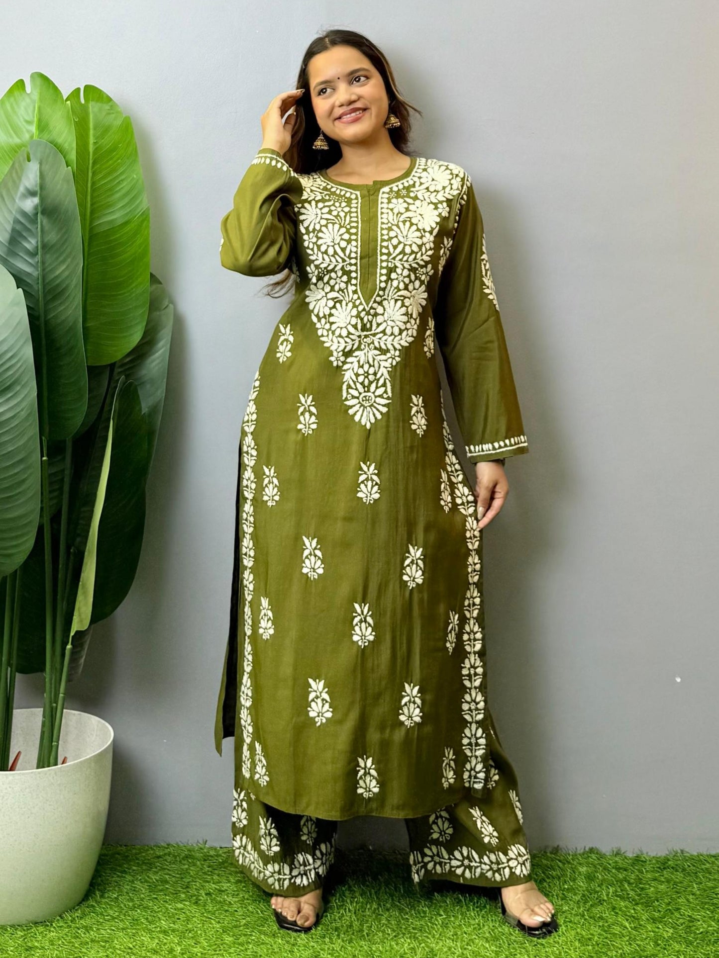 Olive green Roman silk Lucknow Chikankari kurta and pant set with premium hand embroidery