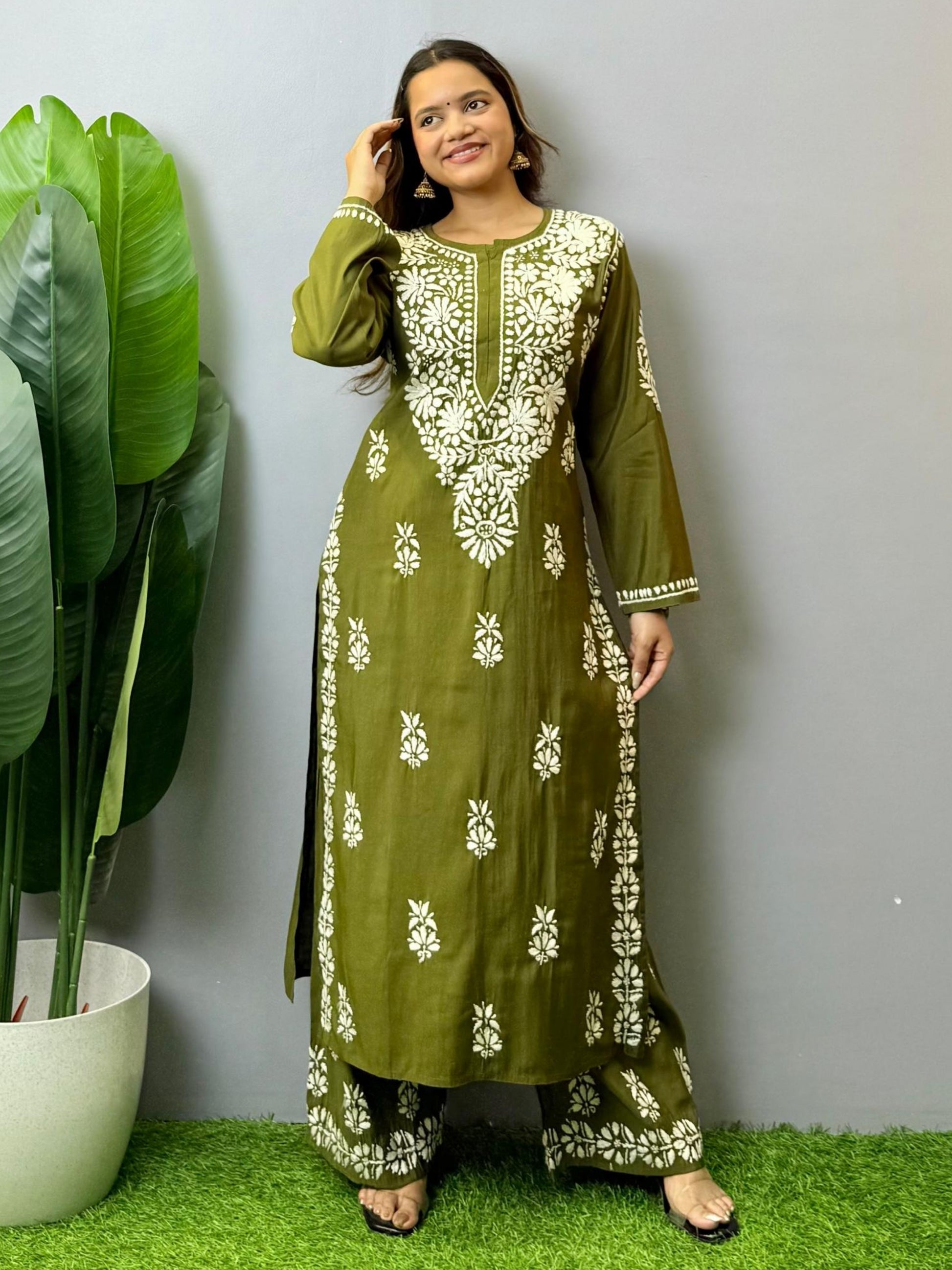 Olive green Roman silk Lucknow Chikankari kurta and pant set with premium hand embroidery