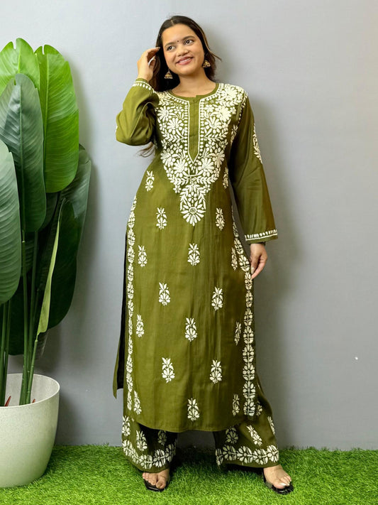 Olive green Roman silk Lucknow Chikankari kurta and pant set with premium hand embroidery