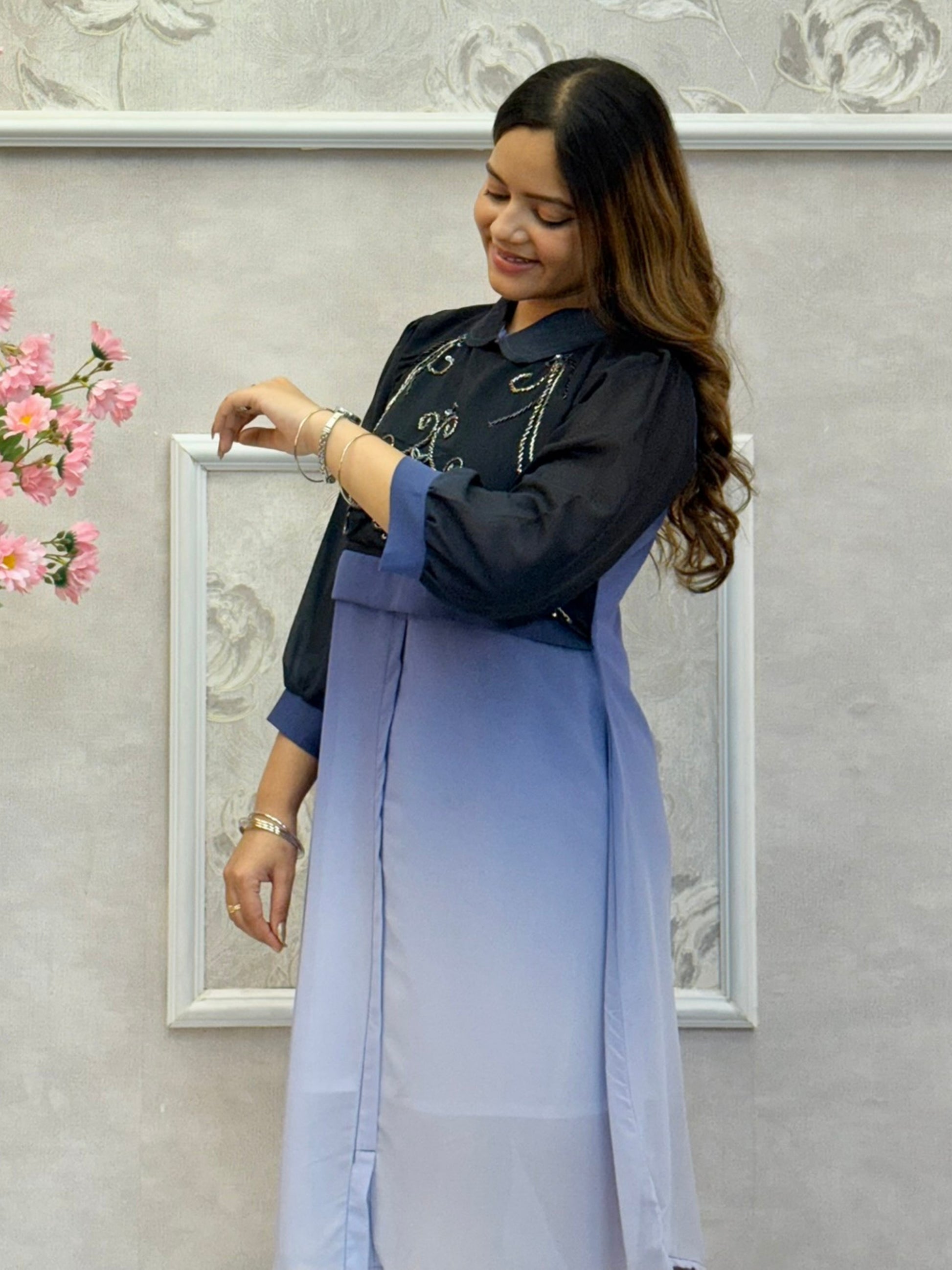 Midnight blue and powder blue Indo-Western georgette dress with handwork and collar design
