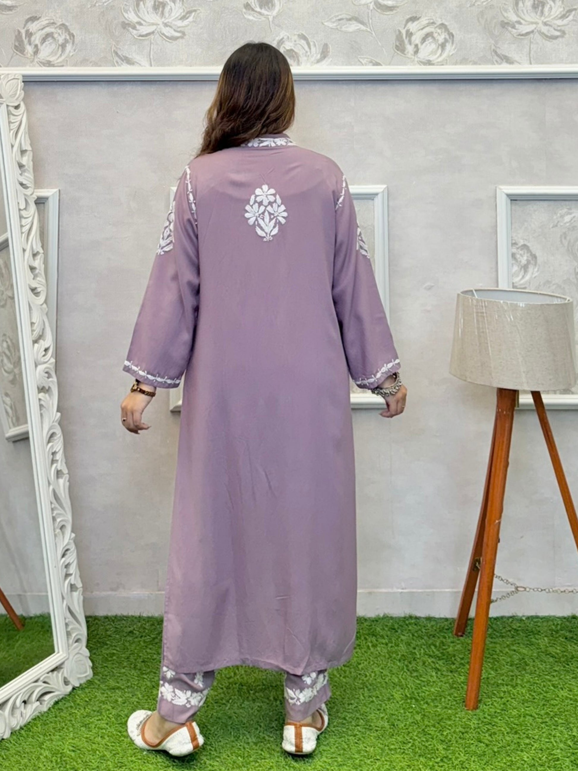 Dusty mauve Lucknowi Chikankari rayon 3-piece co-ord set with sleeveless kurta, pants, and embroidered shrug