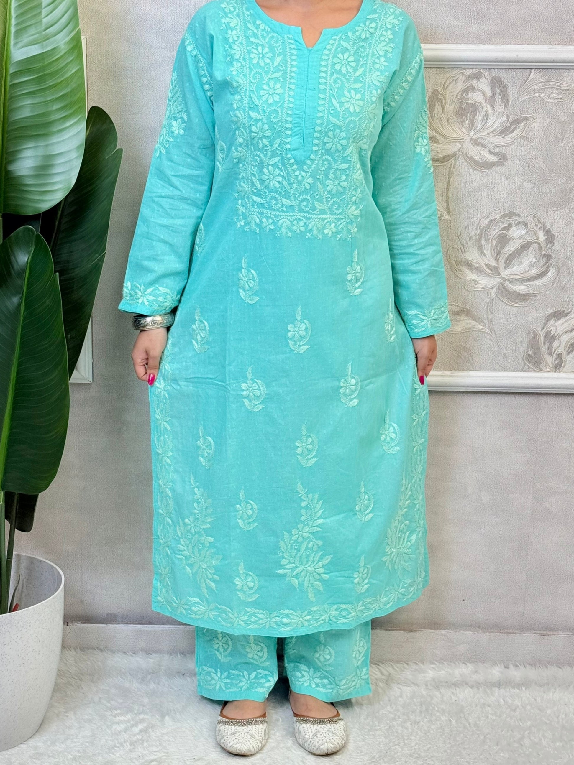 Aqua blue dobby cotton kurta and palazzo set with tone-on-tone Lucknowi Chikankari embroidery – soft and breathable ethnic wear
