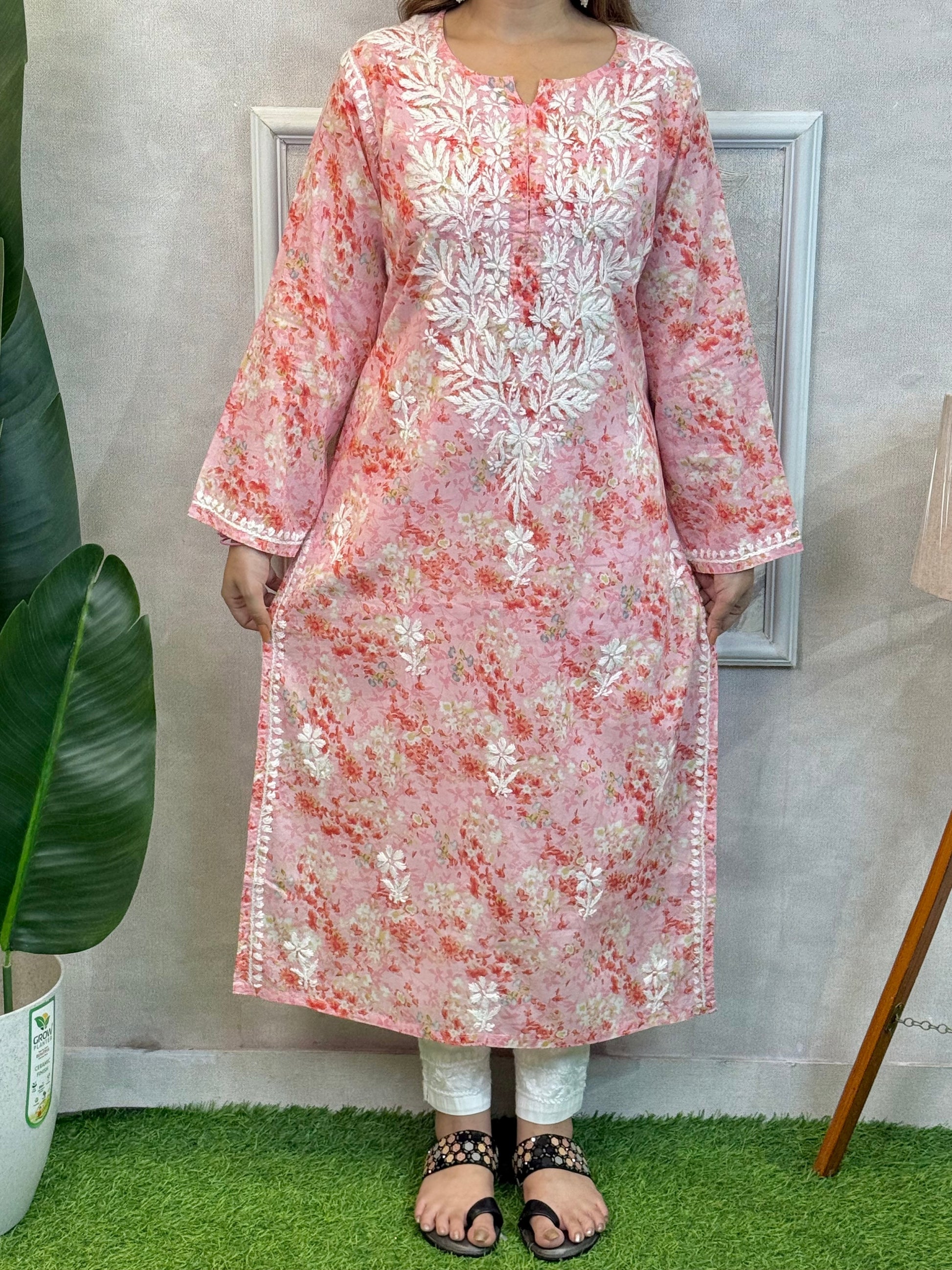 Pink printed mulmul Lucknow Chikankari kurta with hand embroidery