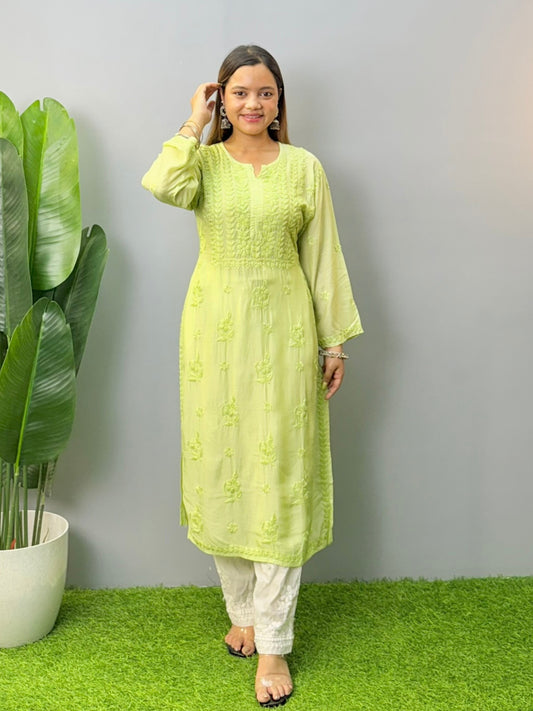 Lime green muslin Lucknow Chikankari kurta with hand embroidery for women