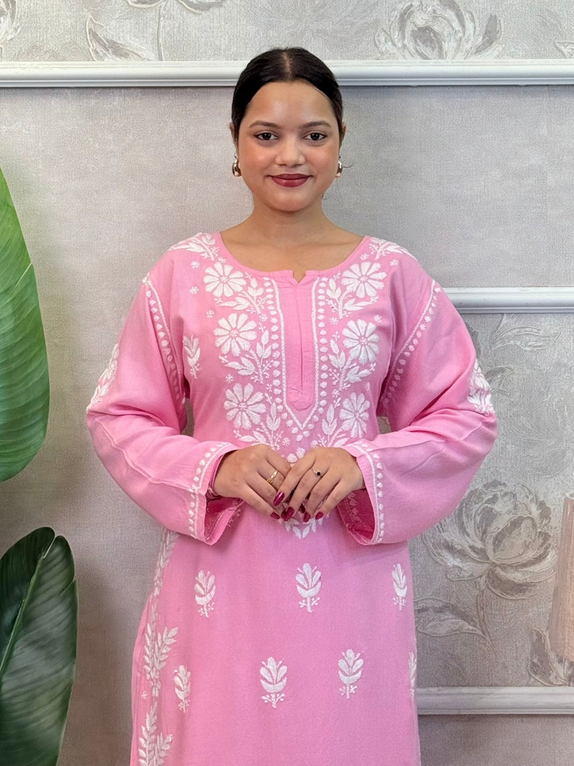 Pink rayon chikankari kurta and Afghani pant set with white hand embroidery – soft and comfortable