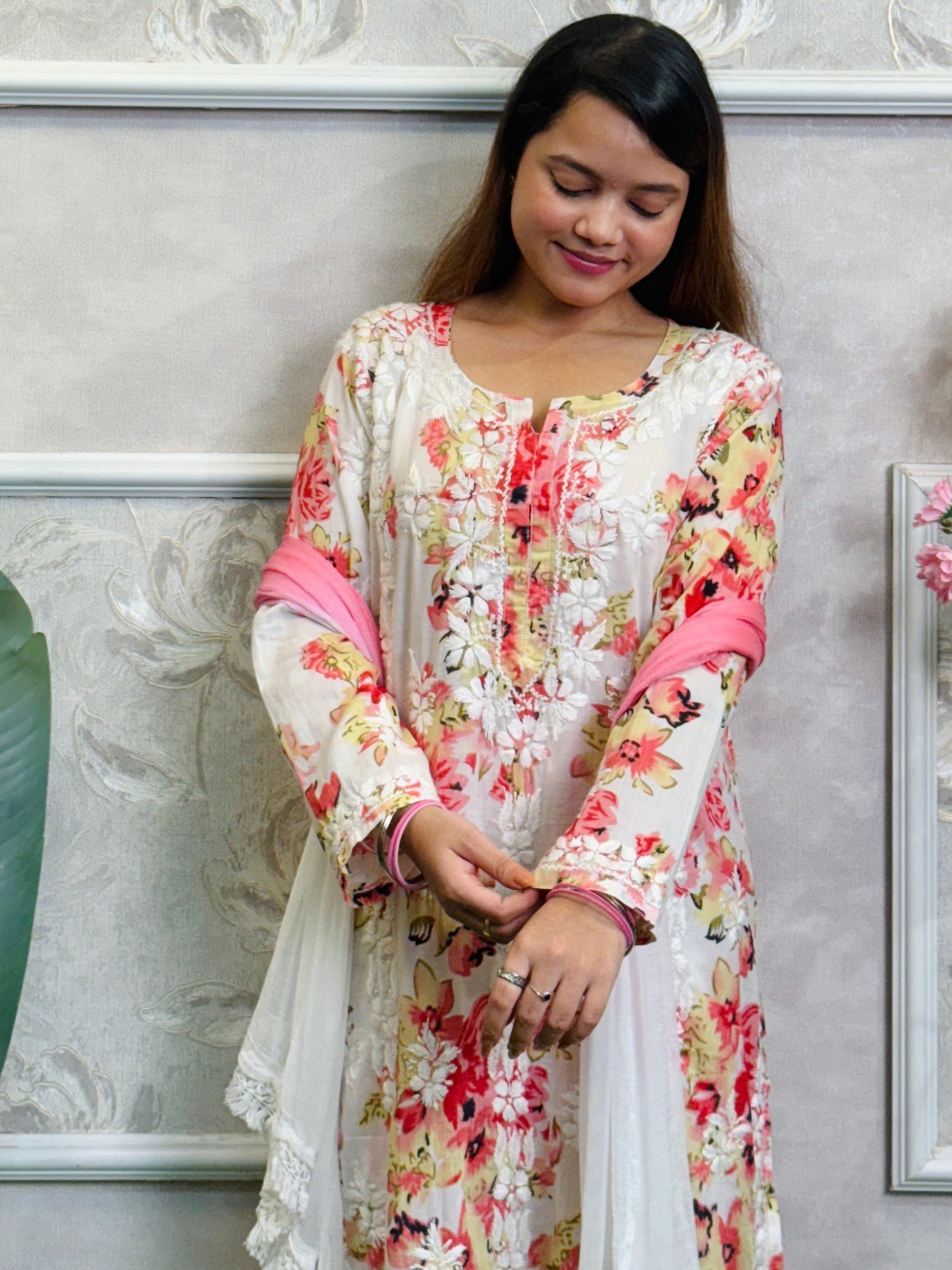 Lucknow Chikankari printed mulmul kurta palazzo set with hand embroidery and chiffon dupatta.