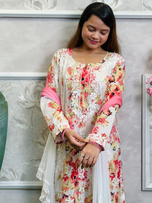 Lucknow Chikankari printed mulmul kurta palazzo set with hand embroidery and chiffon dupatta.