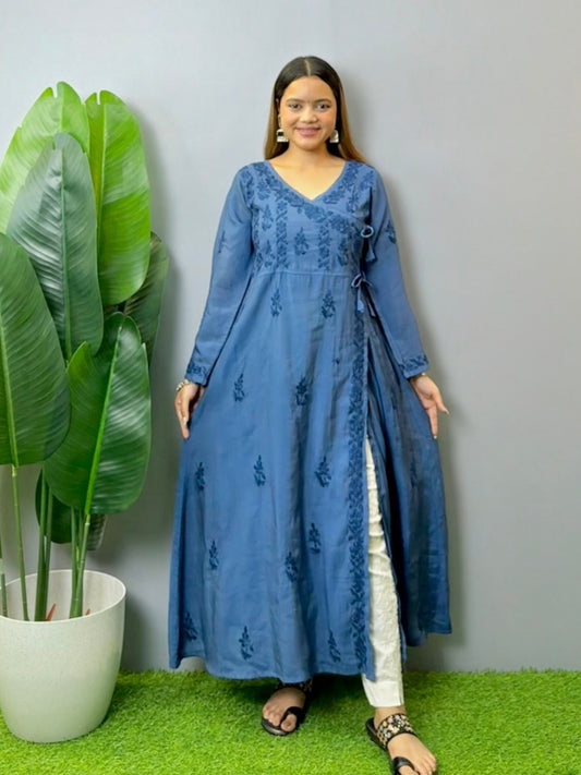 Steel blue Chanderi Angrakha kurta with Lucknowi Chikankari hand embroidery, soft and premium quality