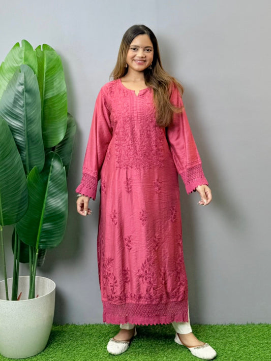Wine chanderi Lucknowi Chikankari kurta with tone-on-tone hand embroidery and lace detailing, soft and comfortable