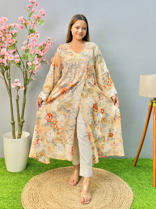 Beige Floral Angrakha Kurta in Mulmul – Printed Lucknowi Charm