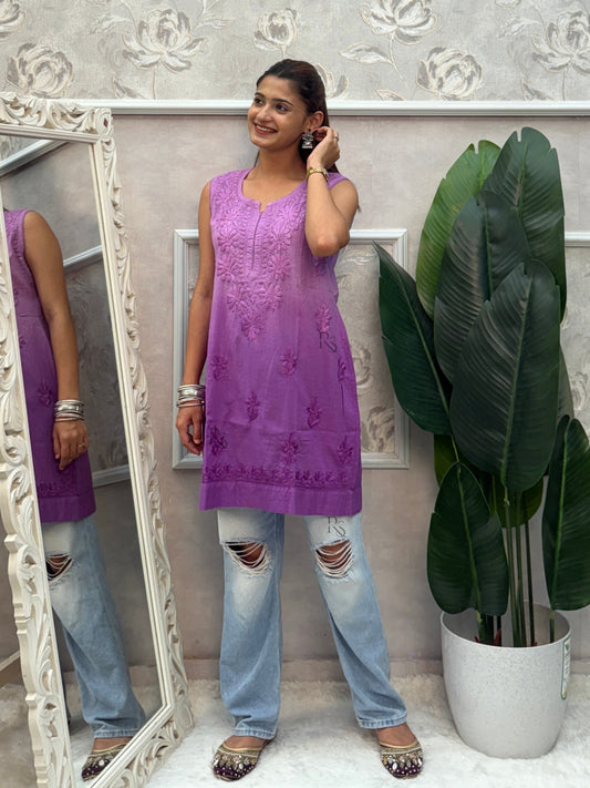 Purple ombre Lucknow Chikankari sleeveless short kurta in dobby cotton with hand embroidery.