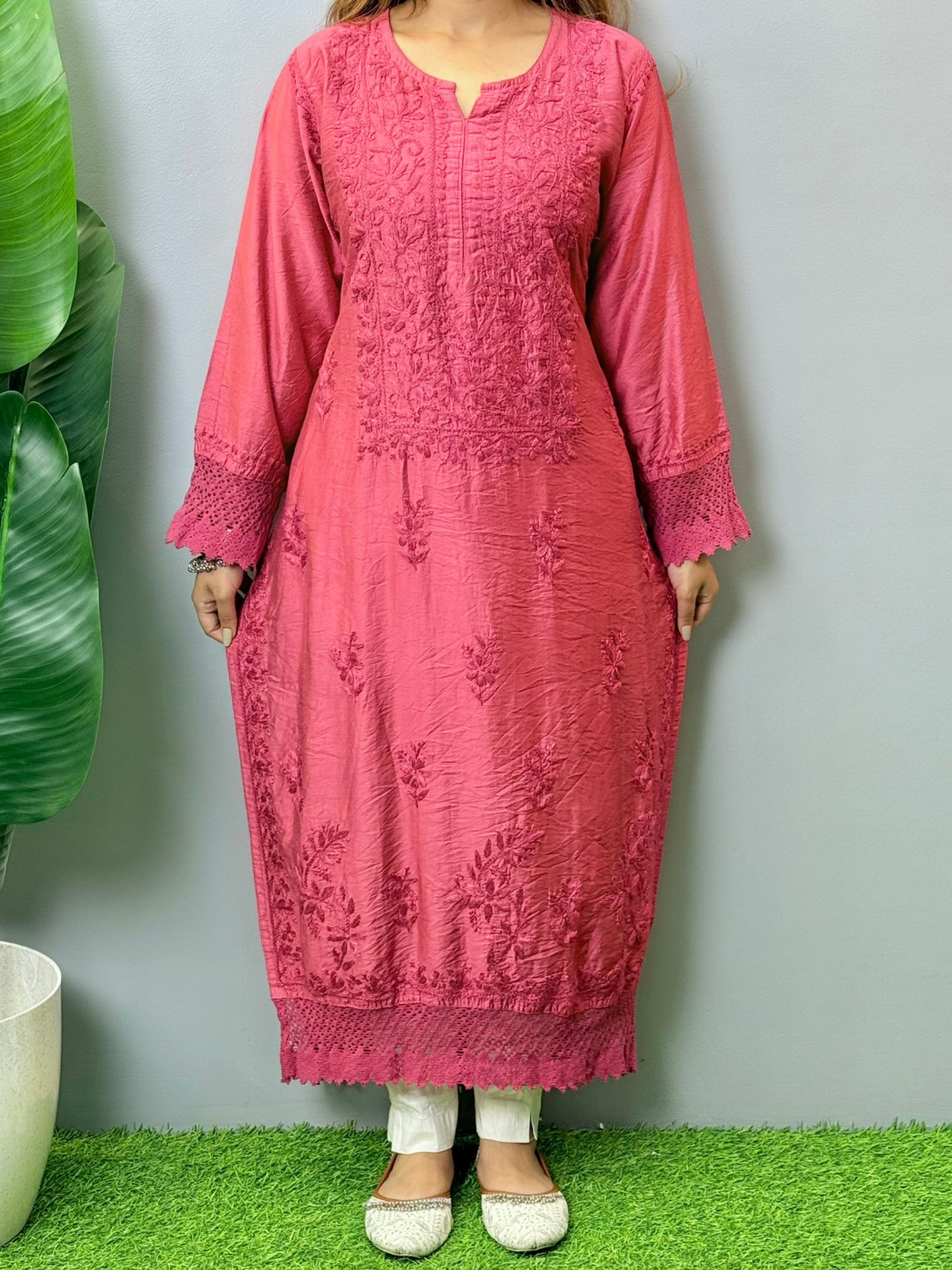 Wine chanderi Lucknowi Chikankari kurta with tone-on-tone hand embroidery and lace detailing, soft and comfortable
