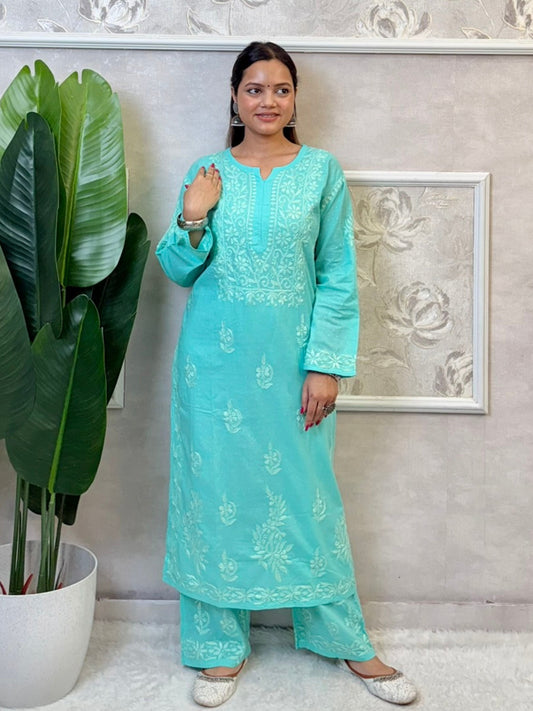 Aqua blue dobby cotton kurta and palazzo set with tone-on-tone Lucknowi Chikankari embroidery – soft and breathable ethnic wear
