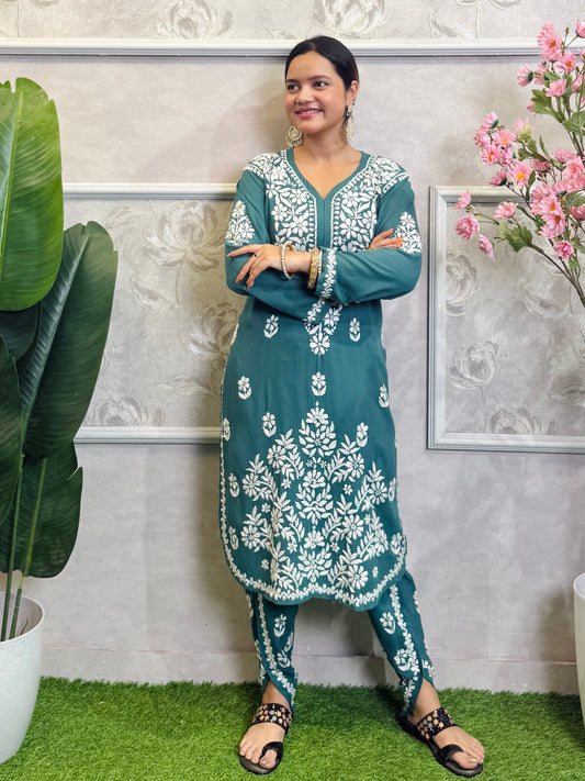 Teal rayon Lucknow Chikankari kurta and dhoti set with white hand embroidery, soft and premium quality