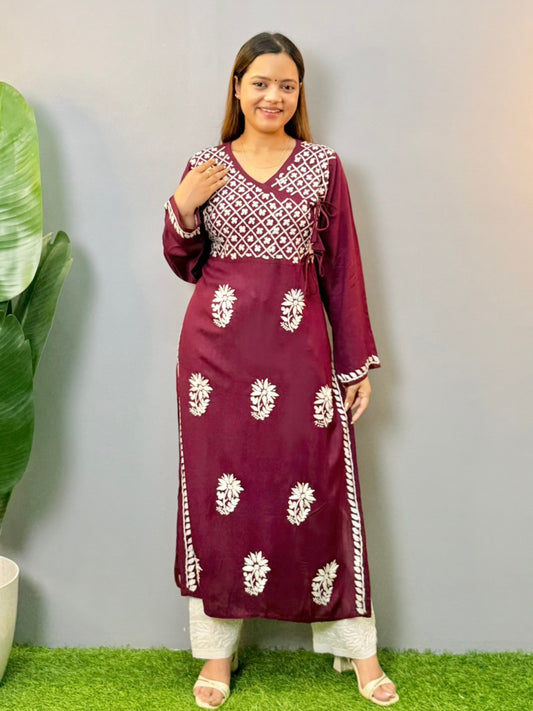 Wine color angrakha-style Lucknow Chikankari kurta with white floral embroidery and side tie-ups