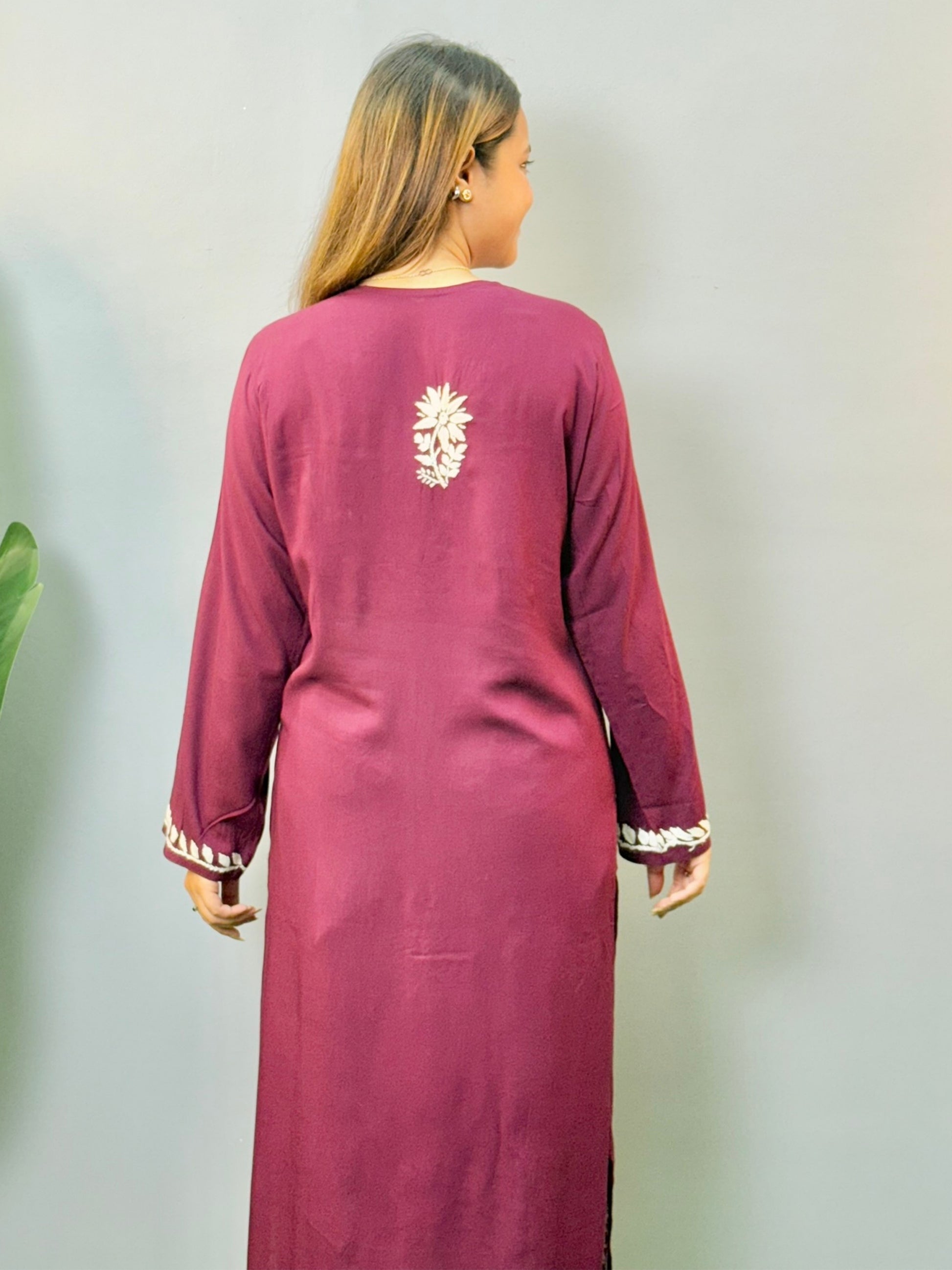 Wine color angrakha-style Lucknow Chikankari kurta with white floral embroidery and side tie-ups