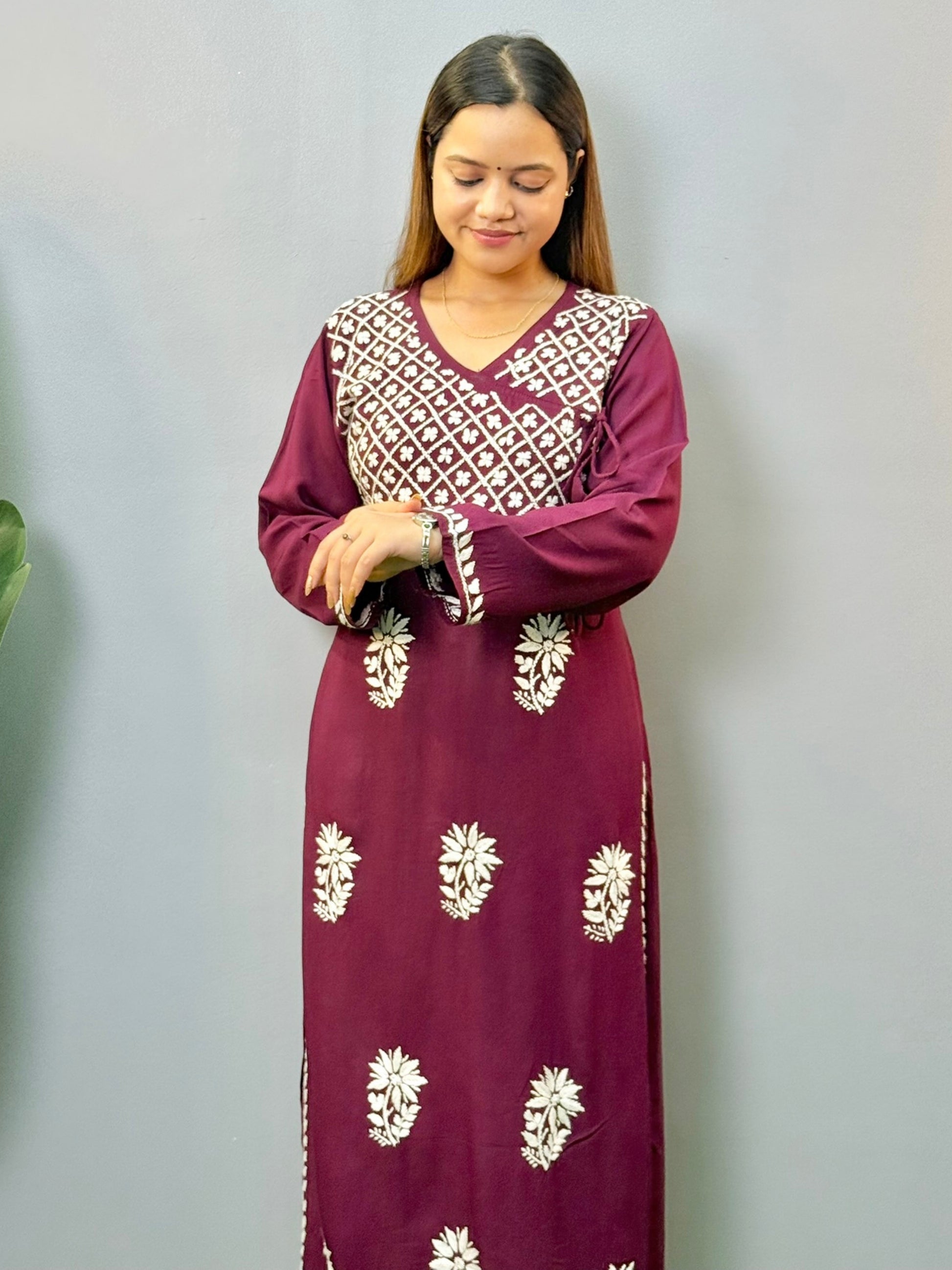 Wine color angrakha-style Lucknow Chikankari kurta with white floral embroidery and side tie-ups