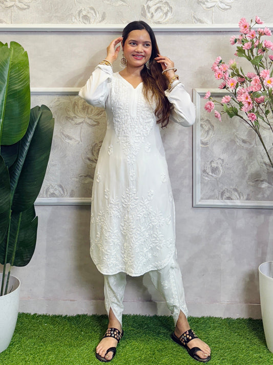 White dyable Lucknow Chikankari rayon kurta and dhoti pant set with hand embroidery.