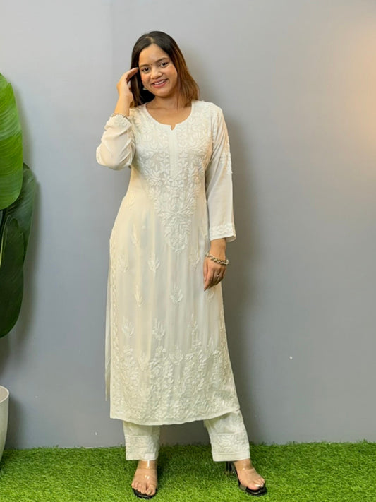 White modal chikankari kurta with hand embroidery