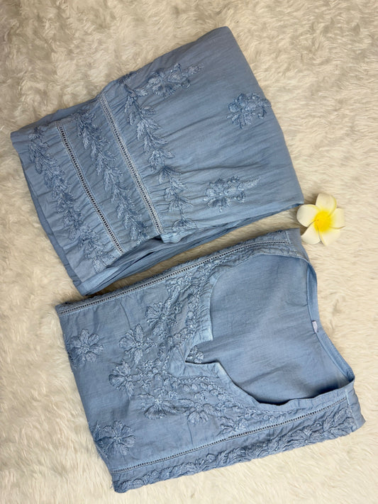 Lucknow Chikankari Greyish Blue Cotton Short Kurta with Pant